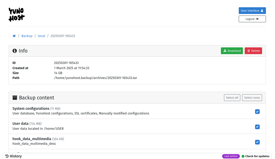 screenshot of yunohost interface for downloading a particular backup 