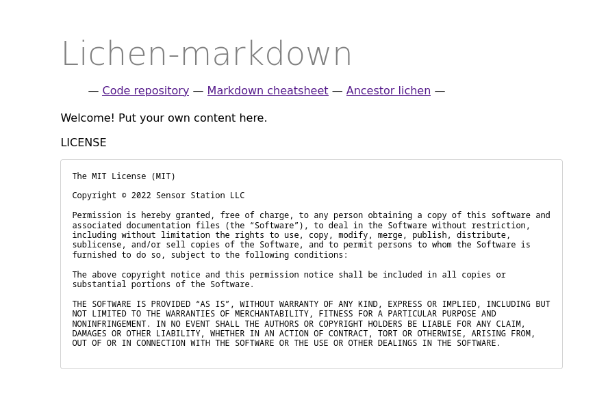 screenshot of the initial lichen-markdown starter page